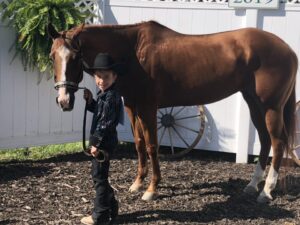 Boy standing by brown horse